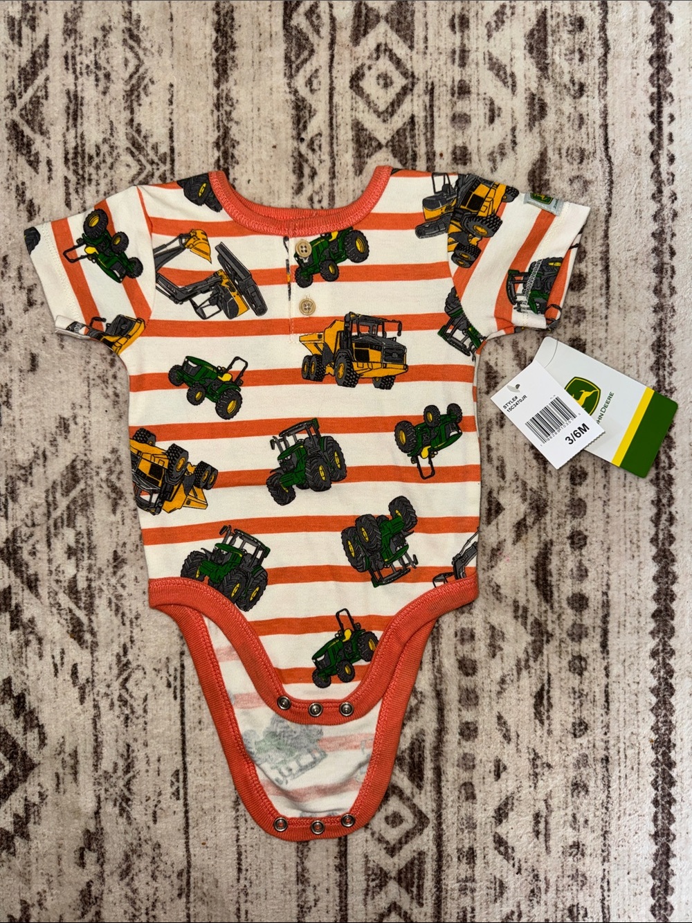 John Deere Orange-Striped Tractor Baby Onesie